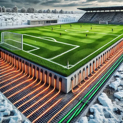 Bir futbol sahasının beton altı ısıtma ve toprak altı ısıtma sistemlerini gösteren görsel. Kablolar çimlerin altında yerleştirilmiş ve sahada kar olmasına rağmen çimler yeşil kalmış.