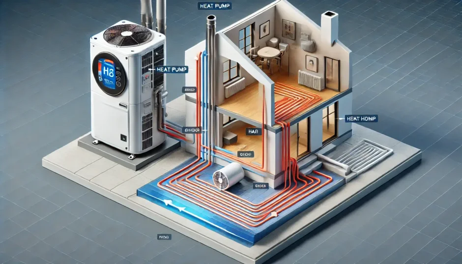 Isı pompası ve yerden ısıtma sisteminin entegrasyonunu gösteren teknik bir görsel. Dış ortamdan enerji toplayan ısı pompası, borular aracılığıyla iç mekâna bağlanarak yerden ısıtma sistemine ısı transferi yapıyor. Görsel, düşük sıcaklıklarda ısı pompasının verimliliğini ve yerden ısıtma ile sağlanan enerji tasarrufunu vurguluyor.