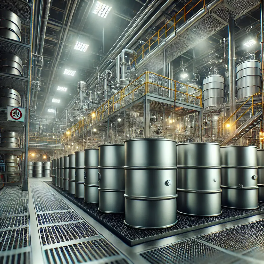 Kimya fabrikasında metal variller, endüstriyel ekipmanlar ve ısıtma ceketleri ile birlikte depolanmış 200 litrelik varillerin görüntüsü.