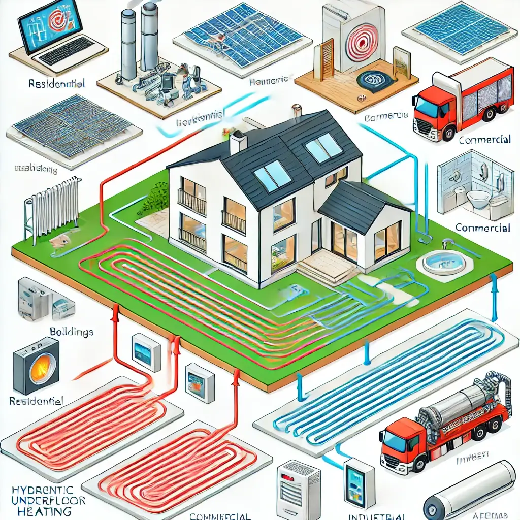 Bu gorsel sulu yerden isitma sistemlerinin farkli uygulama alanlarini konutlar ticari binalar endustriyel alanlar gosteriyor