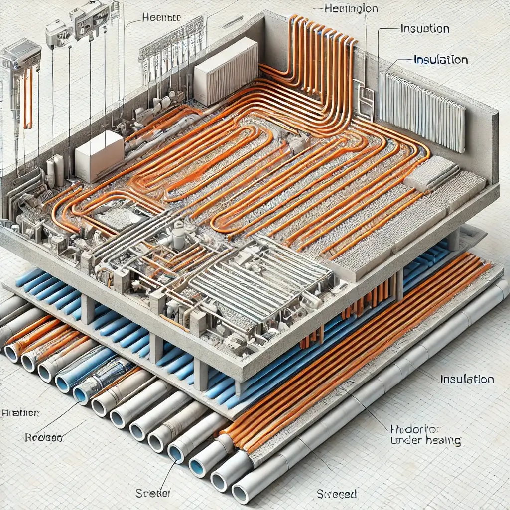 Bu gorsel sulu yerden isitma sistemlerinin genel yapisini detayli bir sekilde gosteren bir sema sunuyor