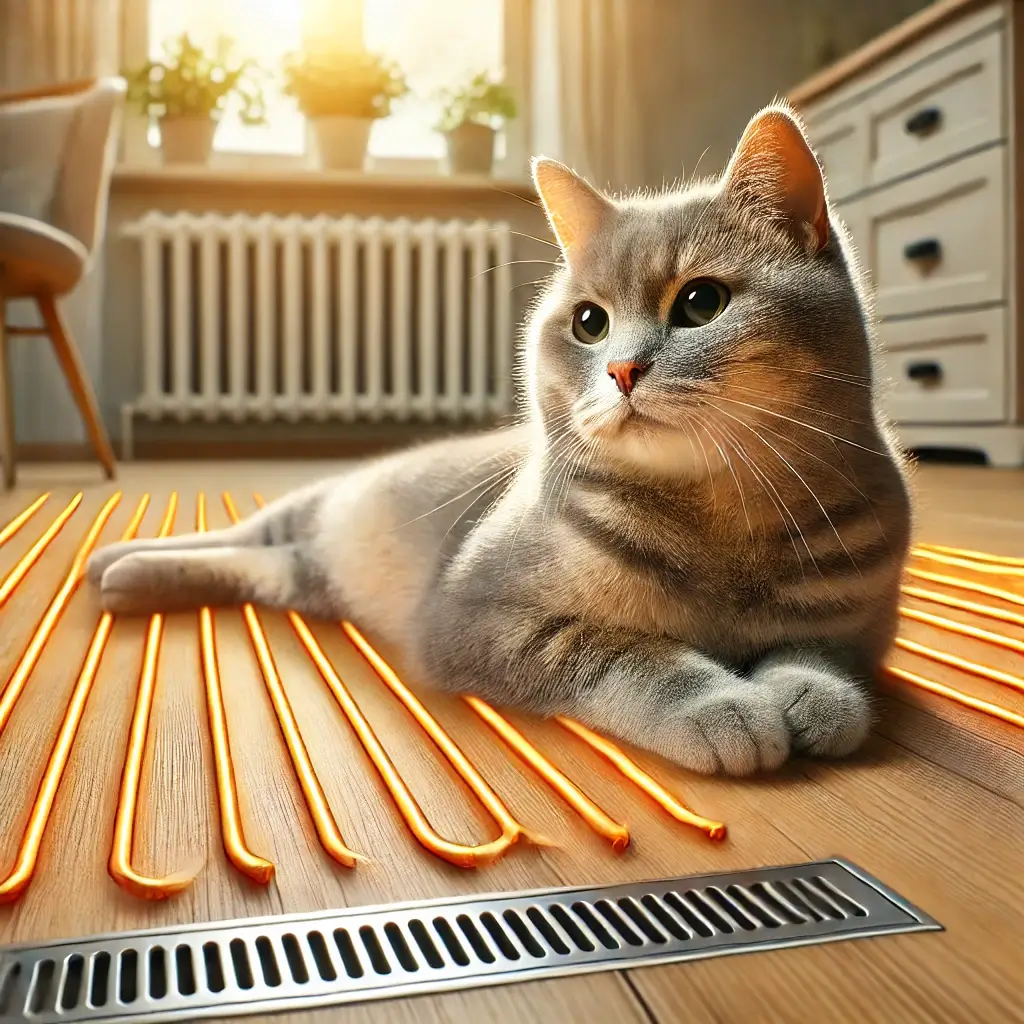 Gorselde laminat parke uzerinde yerden isitmanin sicakligiyla rahatlamis sevimli bir kedi yer aliyor